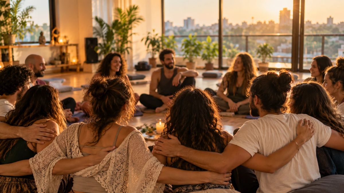 קבוצת משתתפים יושבת במעגל קרוב בסטודיו מואר בשעת שקיעה, כשחלקם מחבקים זה את זה ומביטים אל מרכז המעגל.
