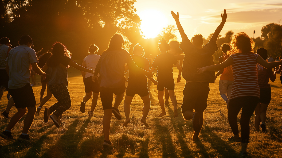 קבוצת אנשים רצה וקופצת יחד על דשא פתוח בשעת שקיעה, עם ידיים מורמות ותנועה חופשית מול אור השמש הנמוך.