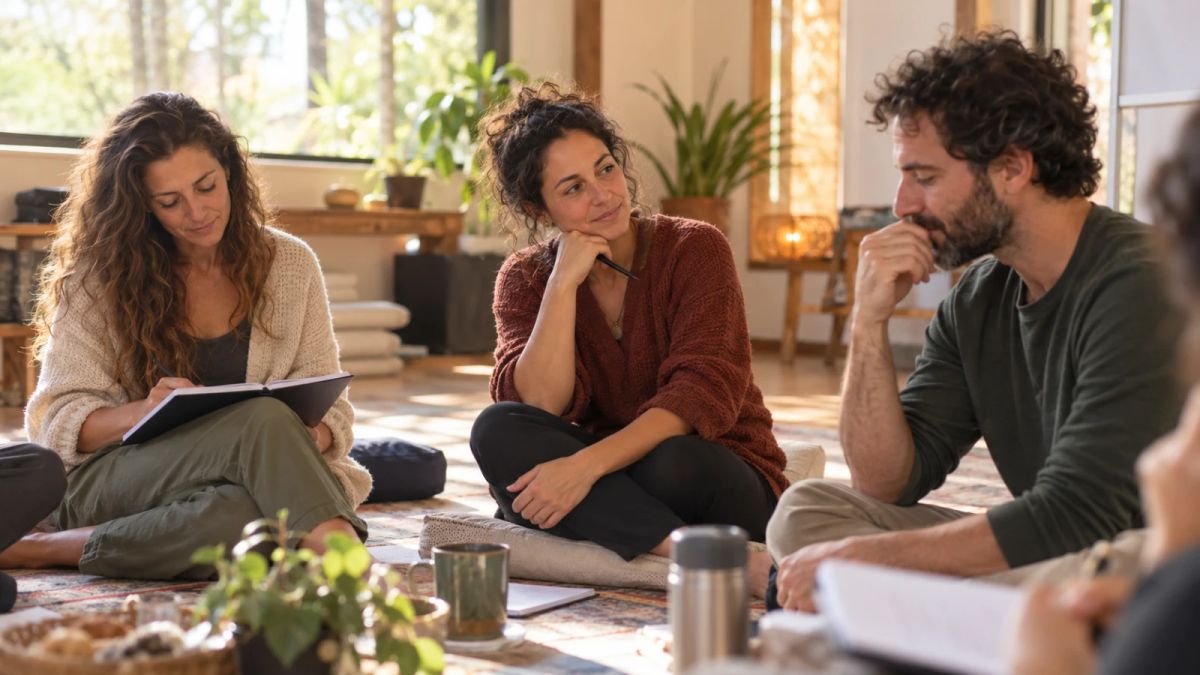 שלושה משתתפים יושבים על הרצפה במעגל בסדנה, אחת מהם כותבת במחברת ושניים נוספים מקשיבים ומשוחחים בחדר מואר באור טבעי.