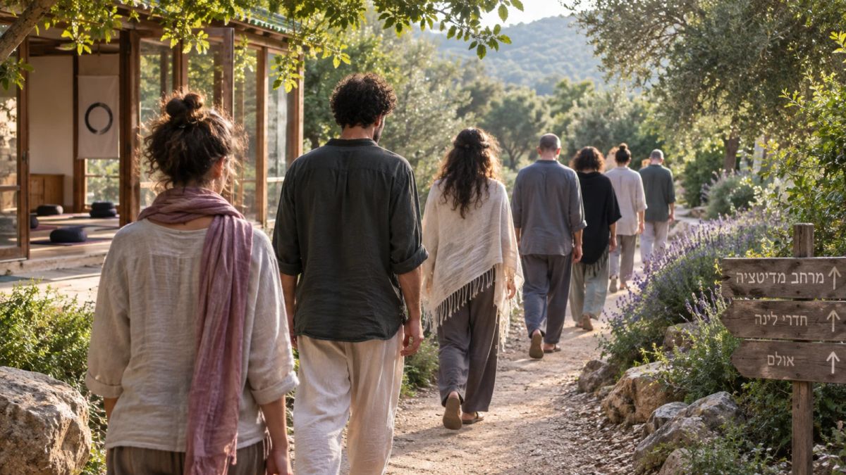 קבוצת משתתפים בריטריט שתיקה הולכת בשקט בשביל טבעי ליד אולם מדיטציה, מוקפת עצים וצמחייה באור רך.