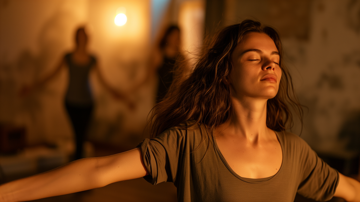 אישה בתנועה חופשית בעיניים עצומות, ידיים פתוחות ונשימה רגועה במרחב שקט.