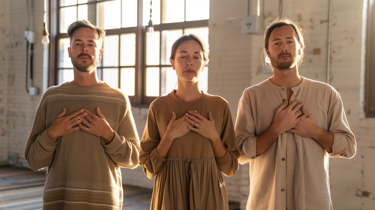 שלושה משתתפים עומדים במרחק זרוע זה מזה ומניחים יד על החזה בזמן בדיקת נשימה בסטודיו עם אור חלון