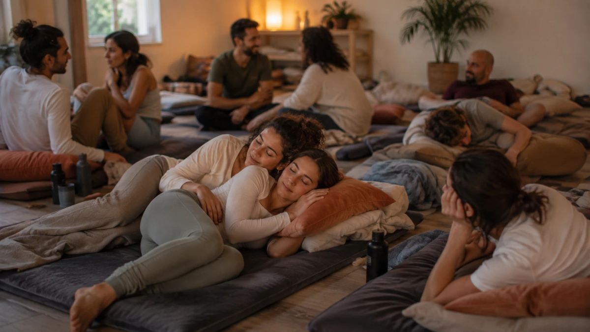 משתתפים לבושים יושבים ונשענים על מזרנים וכריות במסיבת כרבולים, כשחלקם משוחחים ואחרים מתחבקים או נחים יחד.