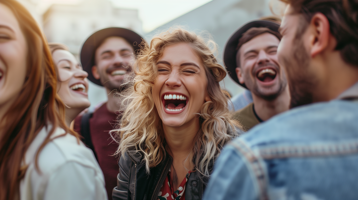 אישה צוחקת בקול עם אנשים סביב בסדנת יוגה צחוק