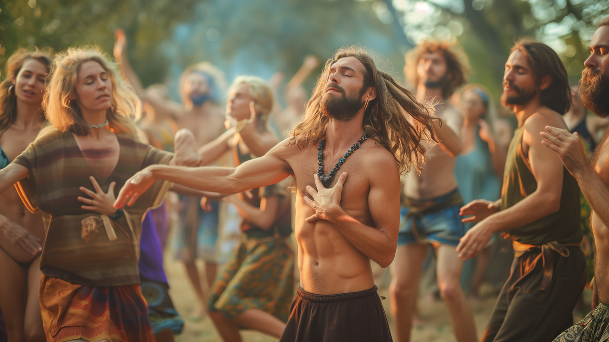 קבוצת אנשים רוקדת בחופשיות בטקס או פסטיבל חוץ, באור שמש רך.