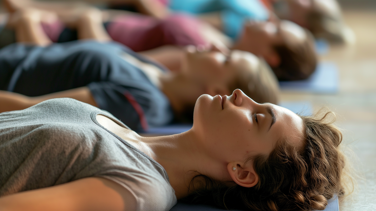 קבוצת משתתפים שוכבים על הגב במנוחה בסיום שיעור יוגה עם עיניים עצומות