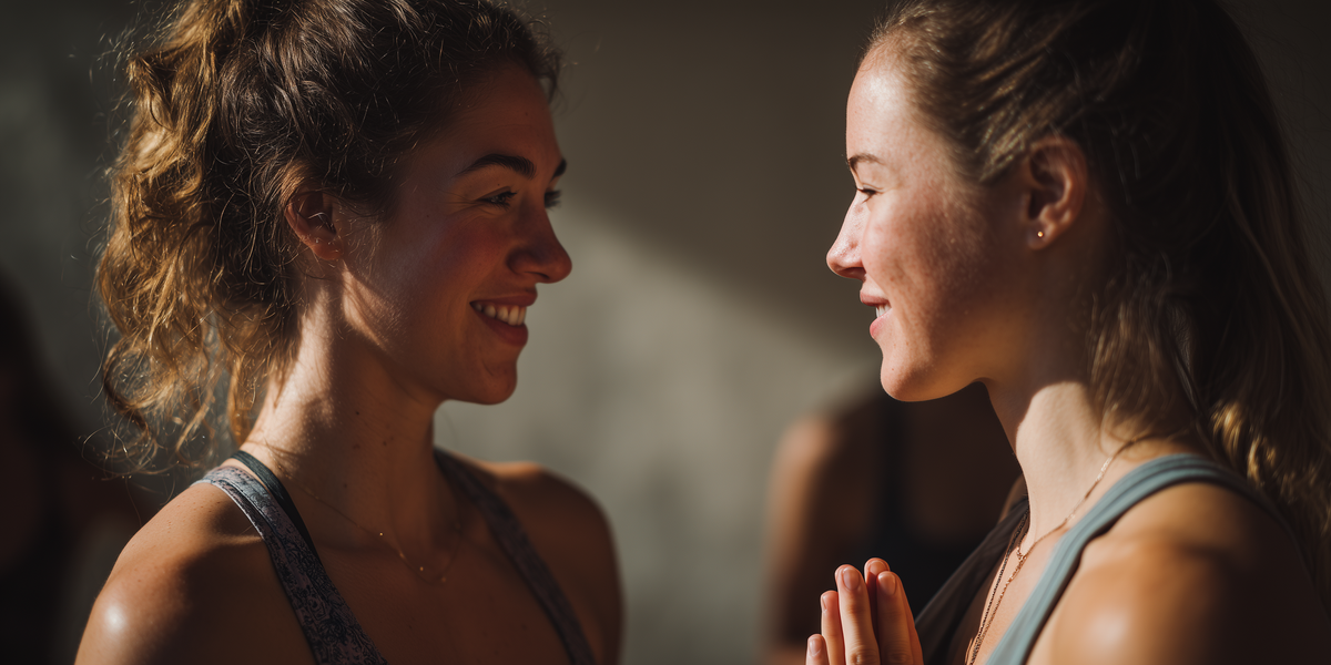 שתי נשים מחייכות זו לזו בתרגול מודעות ותנועה בחלל מואר.