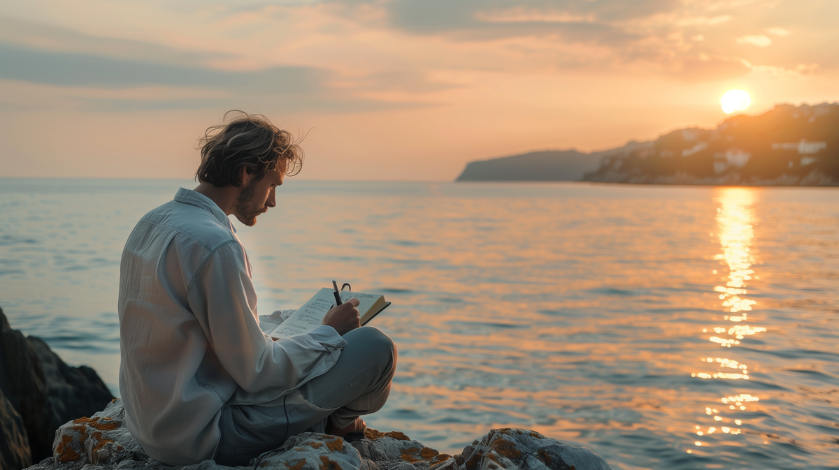 אדם יושב על סלעים מול הים בשקיעה וכותב ביומן ברגע של שקט והשראה.