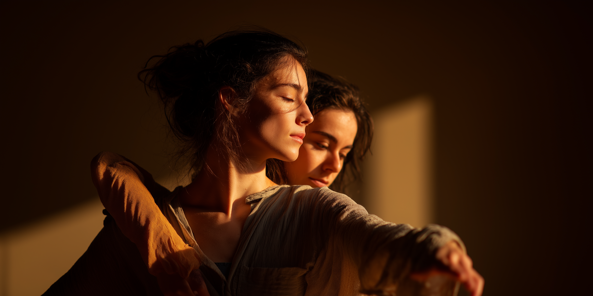 שני משתתפות בתרגול קונטקט אימפרוביזציה, מגע עדין והקשבה דרך הגוף בתנועה משותפת.