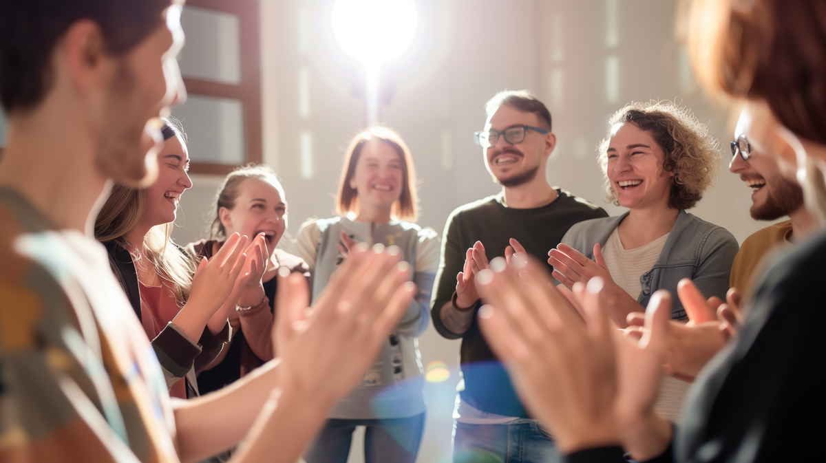 קבוצת אנשים צוחקים ומוחאים כפיים במעגל בסדנת יוגה צחוק