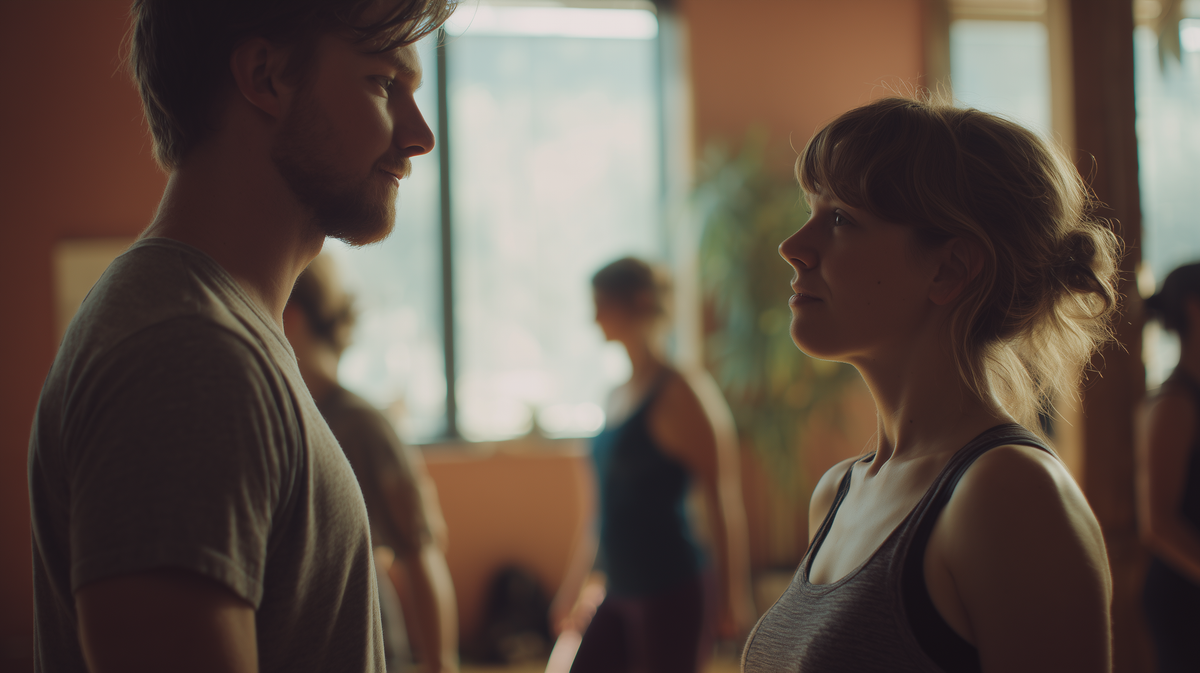 משתתפים בסדנת תנועה עומדים זה מול זה בשקט, עם תשומת לב למרחק ולנוכחות לפני מעבר לתרגול מסוג אחר