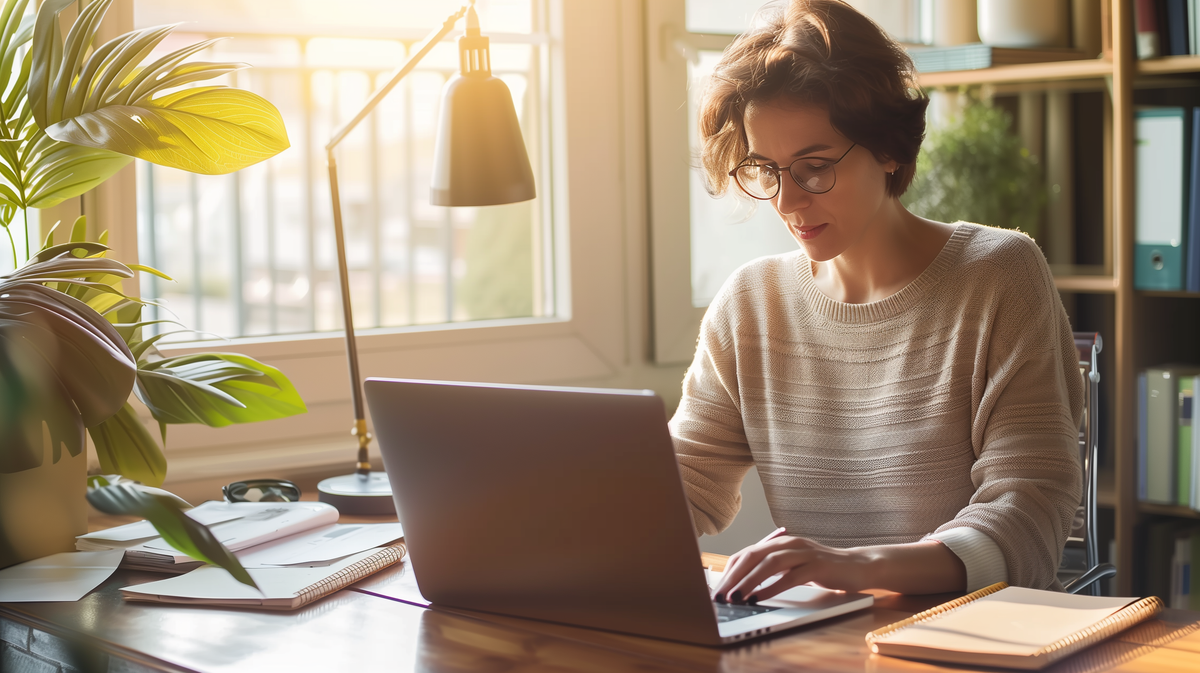 אישה יושבת ליד שולחן עבודה מואר ליד חלון, עובדת על מחשב נייד עם מחברות ודפים לצידה.