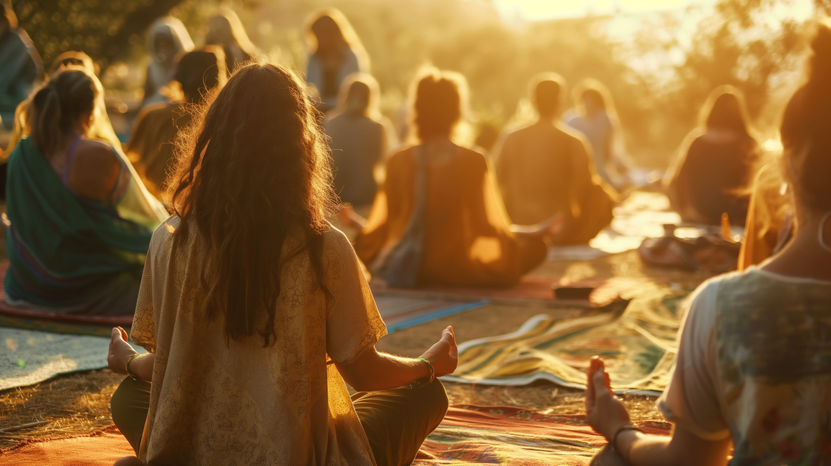 קבוצת אנשים יושבת במדיטציה בשטח פתוח בשעת שקיעה