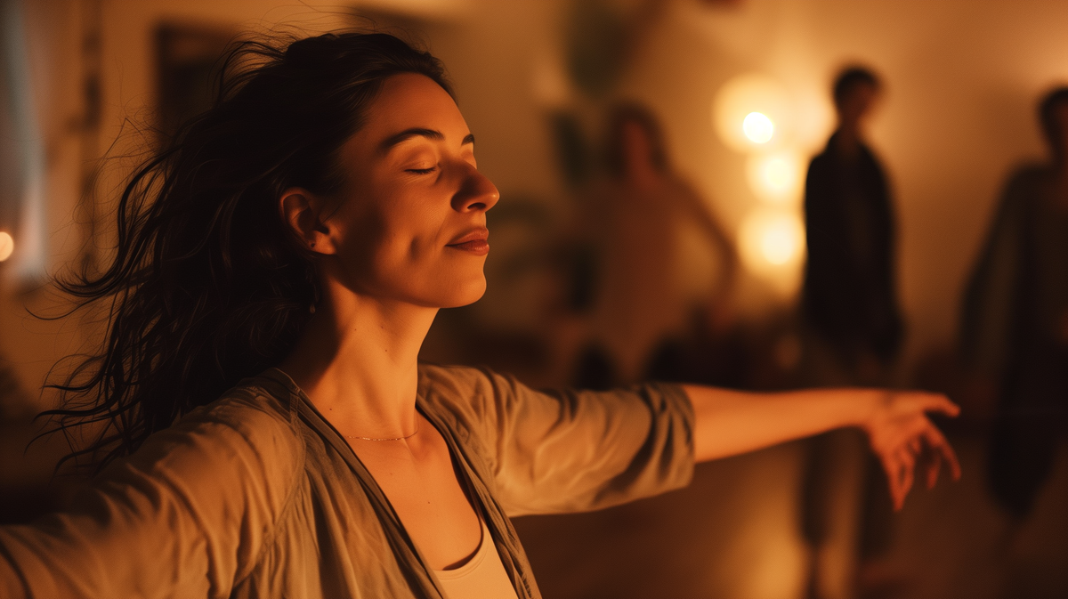 אישה רוקדת בעיניים עצומות במרחב תנועה חופשית, ידיים מורמות מעט לצדדים וגוף בתנועה עדינה