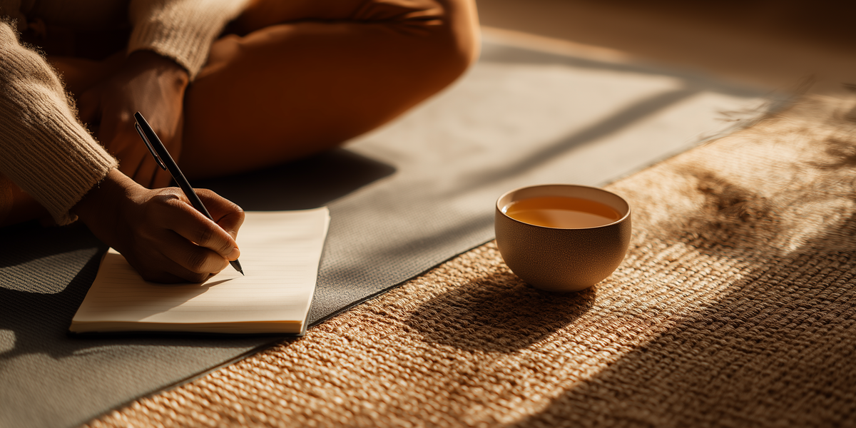 אדם יושב על מזרן וכותב ביומן לצד כוס תה חמה באור שמש רך