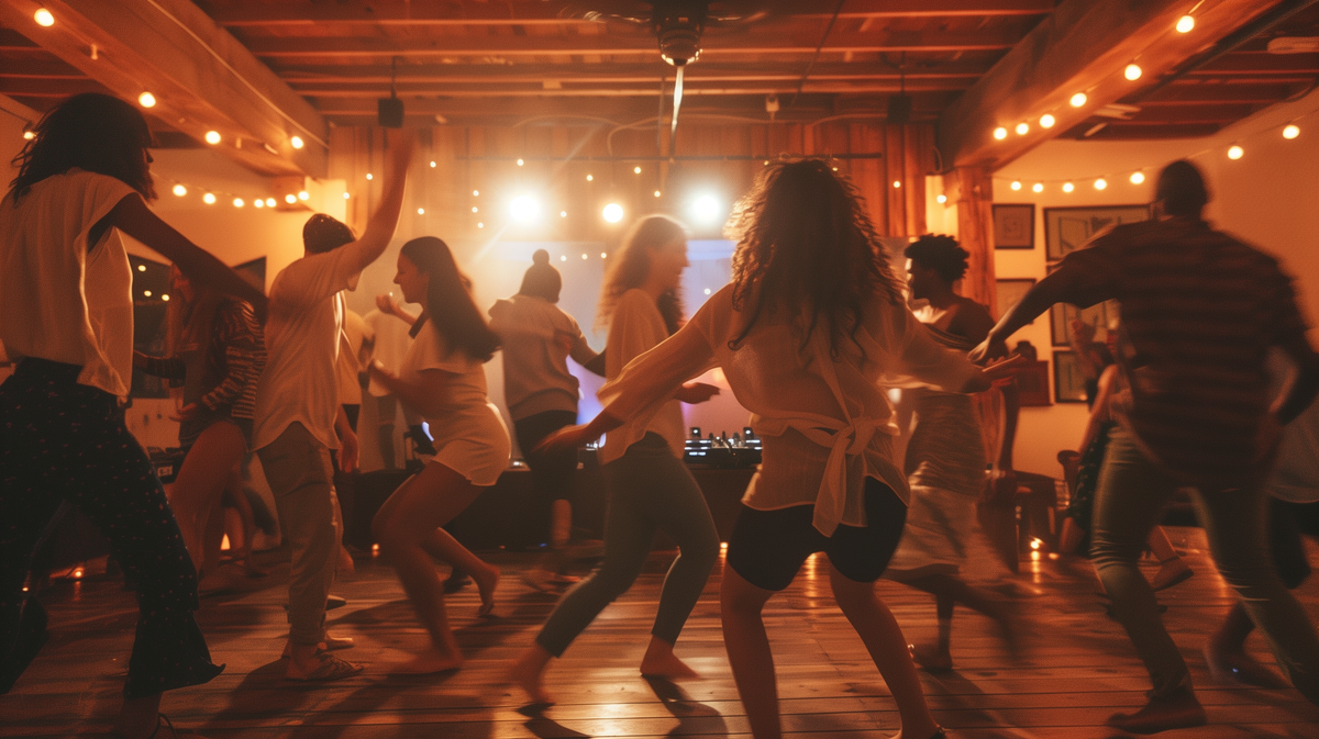 קבוצת אנשים רוקדת באולם עץ מואר, DJ מנגן ברקע, תנועה חופשית ואנרגטית של אקסטטיק דאנס.