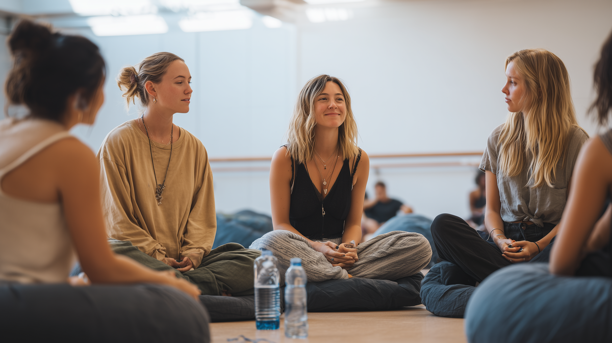 ארבעה משתתפים יושבים על כריות בפינת סטודיו עם בקבוקי מים, שניים מדברים בשקט ושניים עוצמים עיניים למנוחה