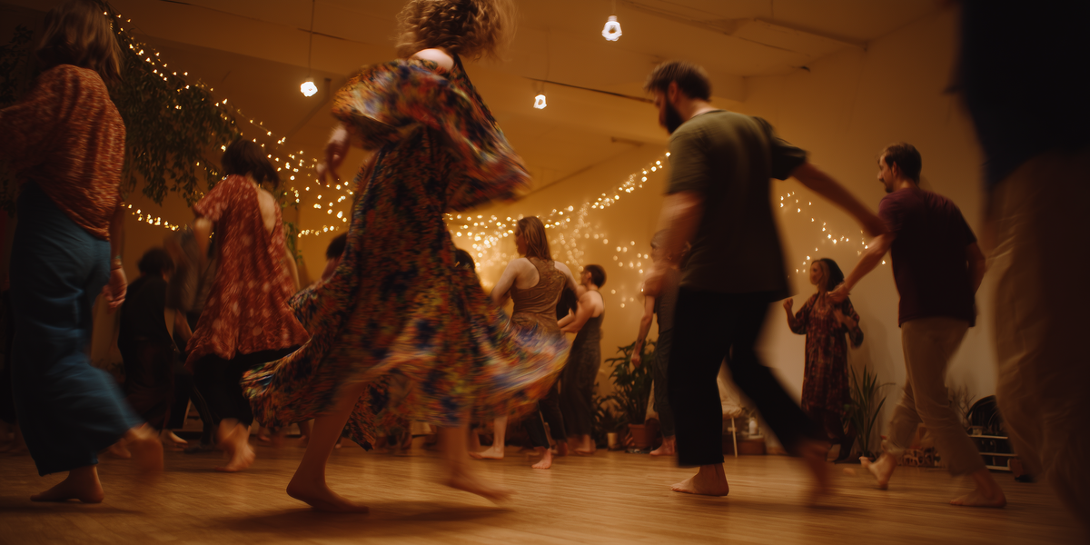 אנשים רוקדים יחפים בחלל מואר באורות חמים, בתנועה חופשית וזורמת.
