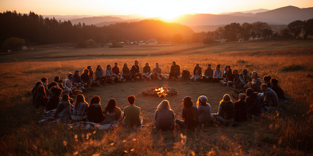 קבוצה גדולה של אנשים יושבים במעגל סביב מדורה בשדה פתוח בזמן שקיעה.