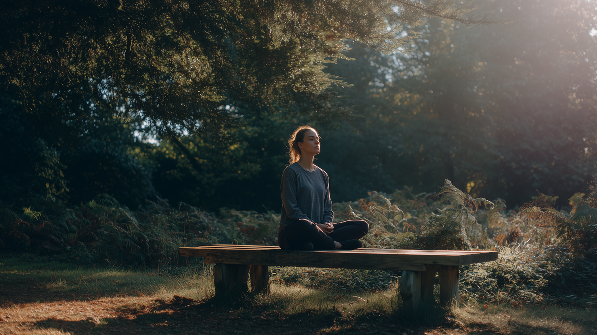 משתתפת יושבת לבדה על ספסל עץ בטבע במהלך רגע שקט של התבוננות.