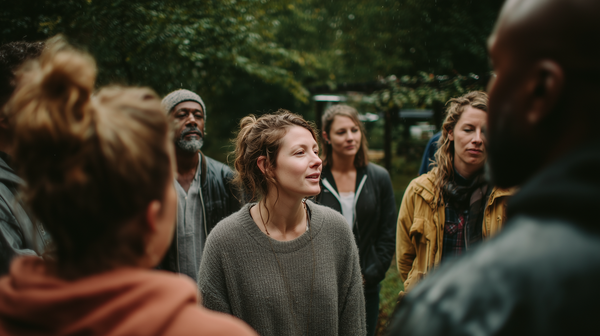 קבוצת משתתפים עומדת במעגל בחוץ במהלך שיחה או מעגל פתיחה בריטריט.