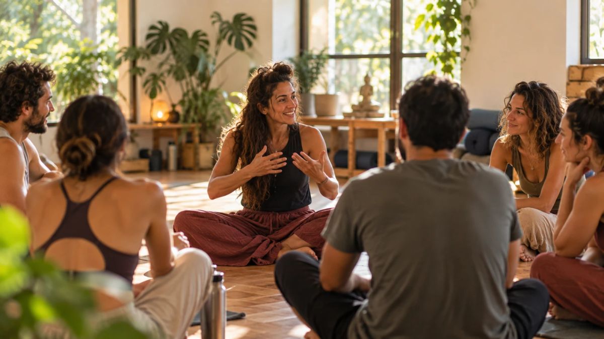 מנחה יושבת במעגל ומשוחחת עם קבוצת משתתפים בסטודיו מואר, כשהם מקשיבים לה ומביטים זה בזה.