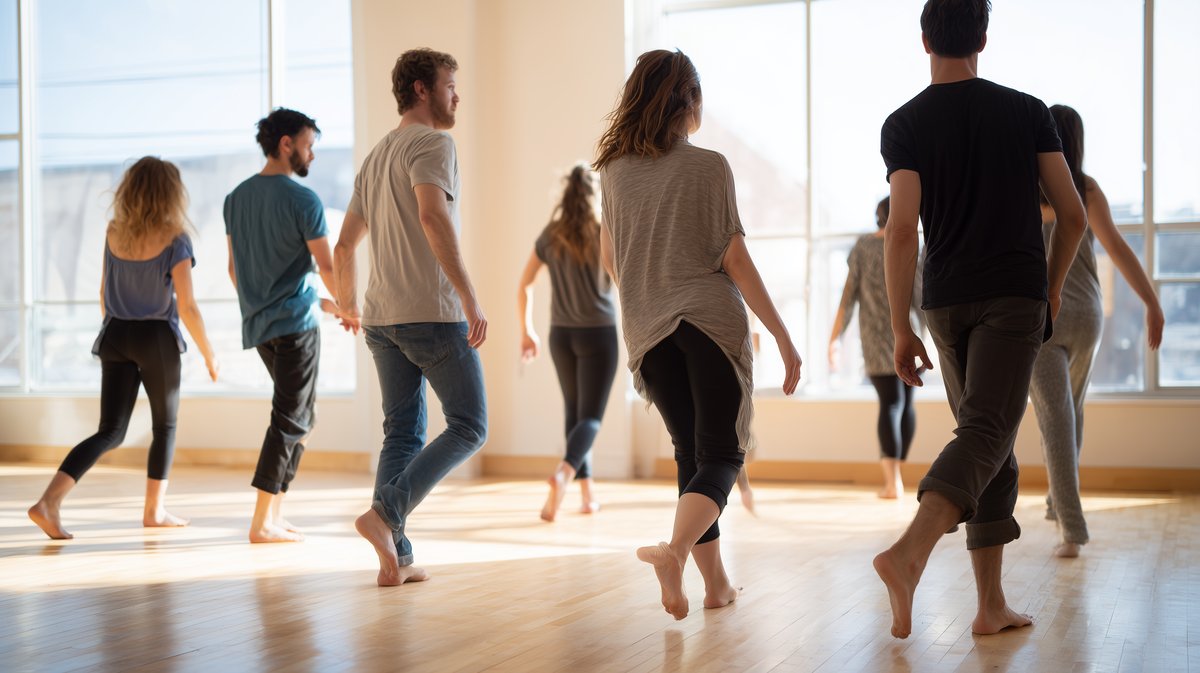 קבוצת משתתפים נעה יחד באיטיות בחלל סטודיו מואר, בצעדים טבעיים ויחפים על רצפת עץ, מבטם מופנה קדימה אל האור מהחלונות.