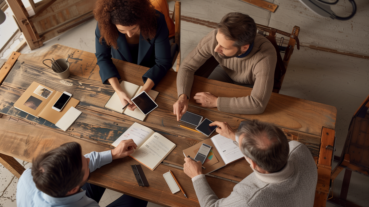 ארבעה אנשים יושבים סביב שולחן עץ, משווים מידע במחברות, בטאבלטים ובטלפונים.