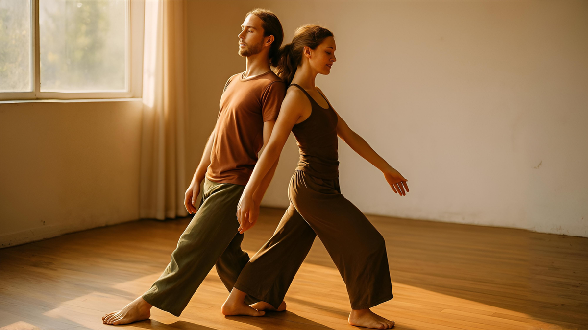 שני רקדנים מתרגלים קונטקט אימפרוביזציה בסטודיו מואר, נשענים גב אל גב ונעים בהרמוניה רכה.