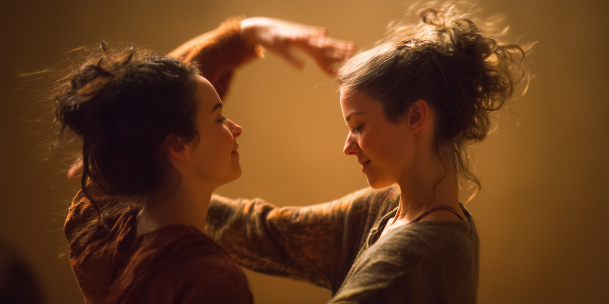 שתי משתתפות מתרגלות תנועת קונטקט בזוגיות רכה ובחיבור נינוח באור חמים של סטודיו.